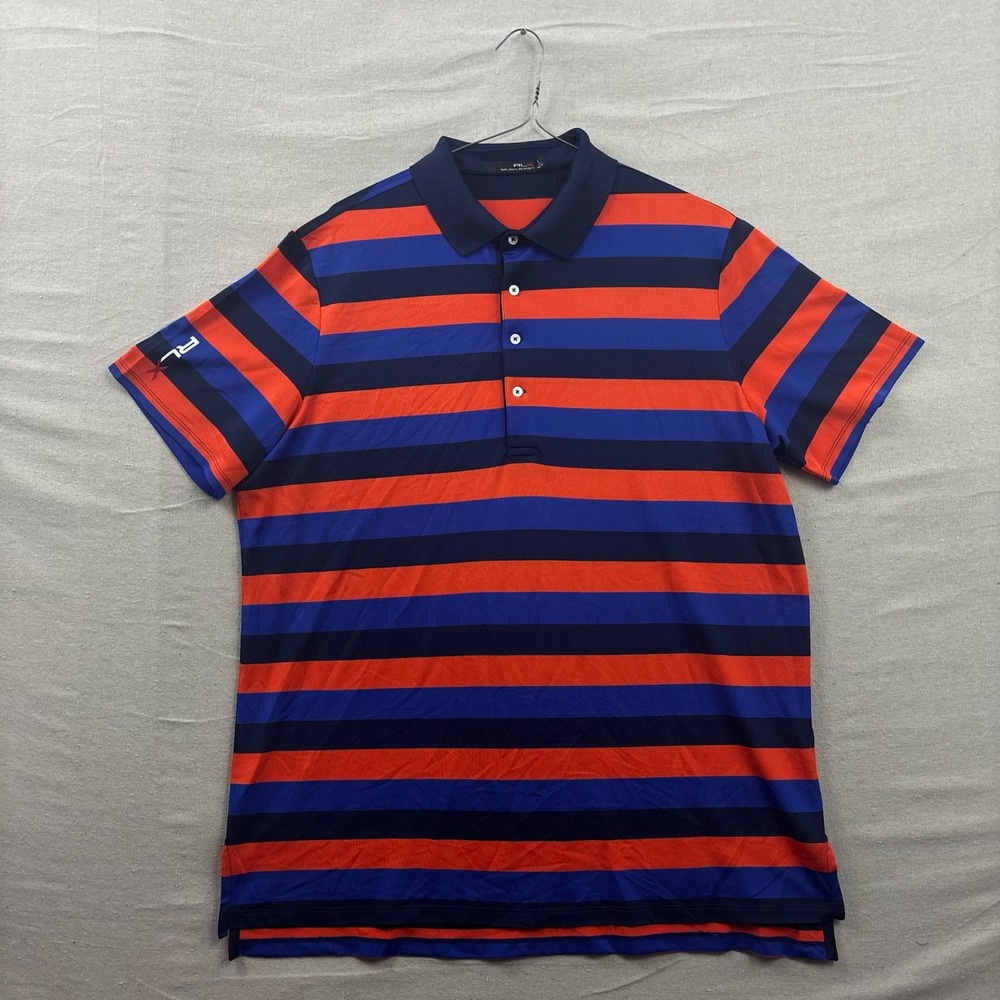 RLX Ralph Lauren Polo Shirt Mens XL Blue Orange Striped Short Sleeve Golf